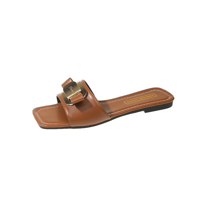 Large Size Metal Sheet Decorative Flat-Bottomed Slippers Women'S Square Head Open-Toed Versatile One-Word Niche Slippers