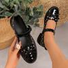 Fashion Fashion Bow Mary Jane Flat Shoes for Women Ankle Strap Soft Sole Single Shoes Woman Patent Leather Metal Decor Flats Plus Size