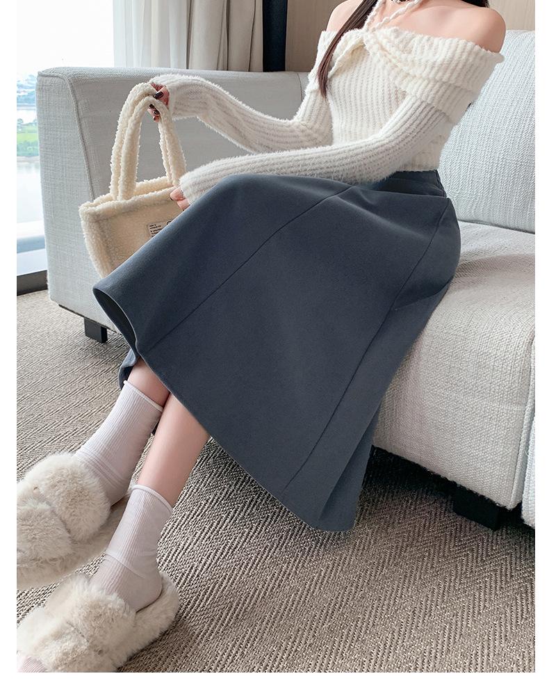 Plus Size Women's Korean Style Woolen Flare Skirt - High Waist A-line for Autumn/Winter