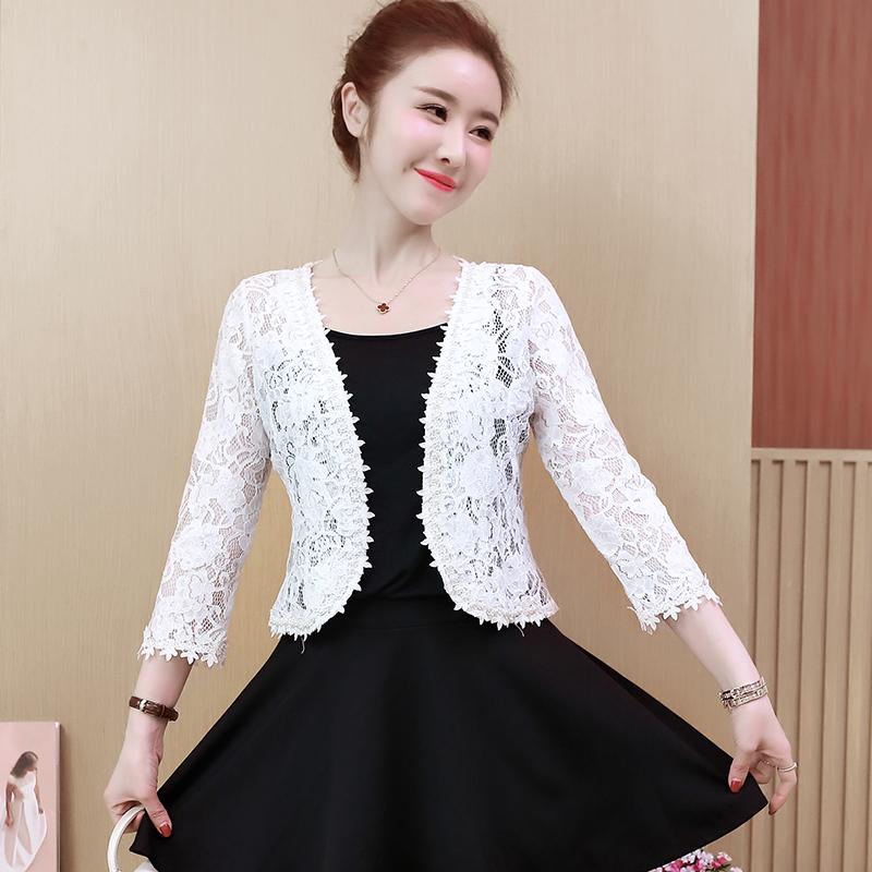 

Летний ажурный кружевной кардиган, короткая женская куртка, модная черно-белая кружевная куртка с бусинами, женский кардиган J210 L белый