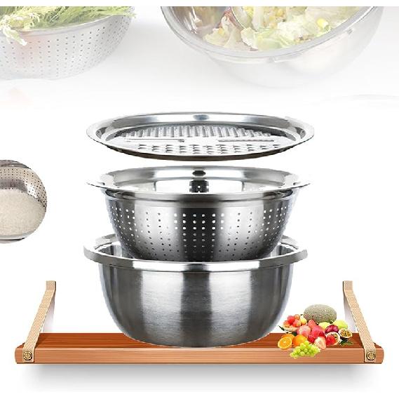 Stainless Steel Basin, 3 in 1 Multifunctional Basin Filter Set, Chopping and Draining Vegetable with Drain, Rice Washing Sieve (1pcs) 1pcs