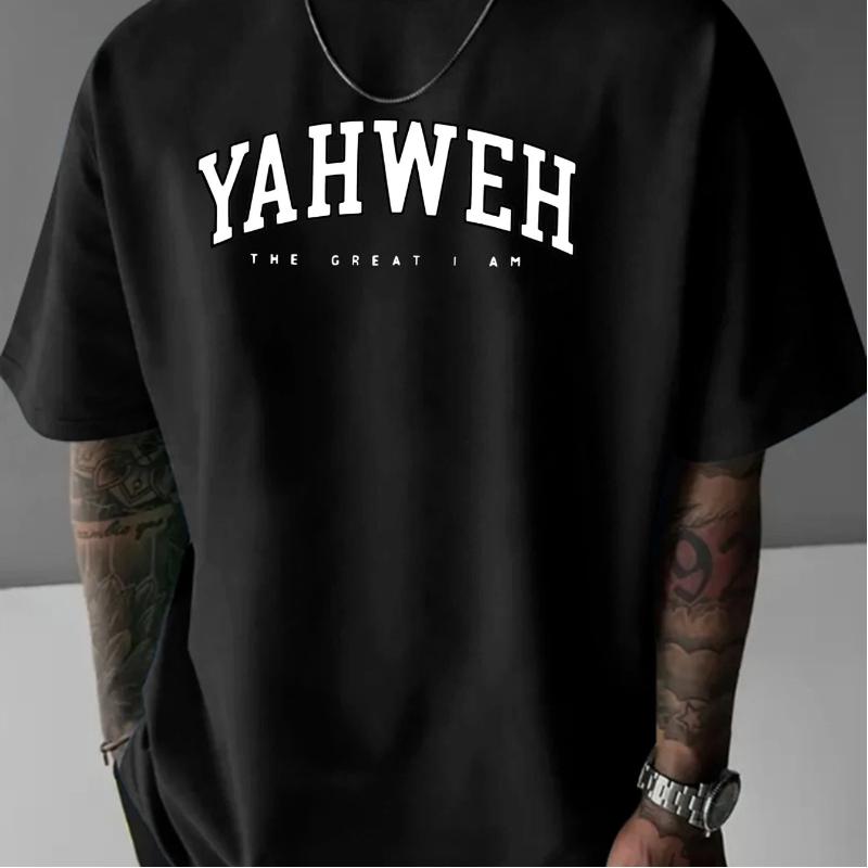 T-shirt Casual Sportiva alla Moda da Uomo Estiva in Puro Cotone con Stampa Lettere YAHWEH, Scollo Tondo, Maniche Corte, Vestibilità Larga