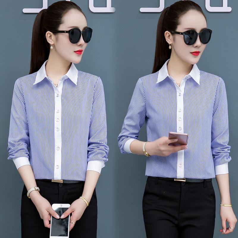 

Женская белая полосатая рубашка корейской версии, рубашка на весну и осень, профессиональная рубашка, топ для женщин 2XL