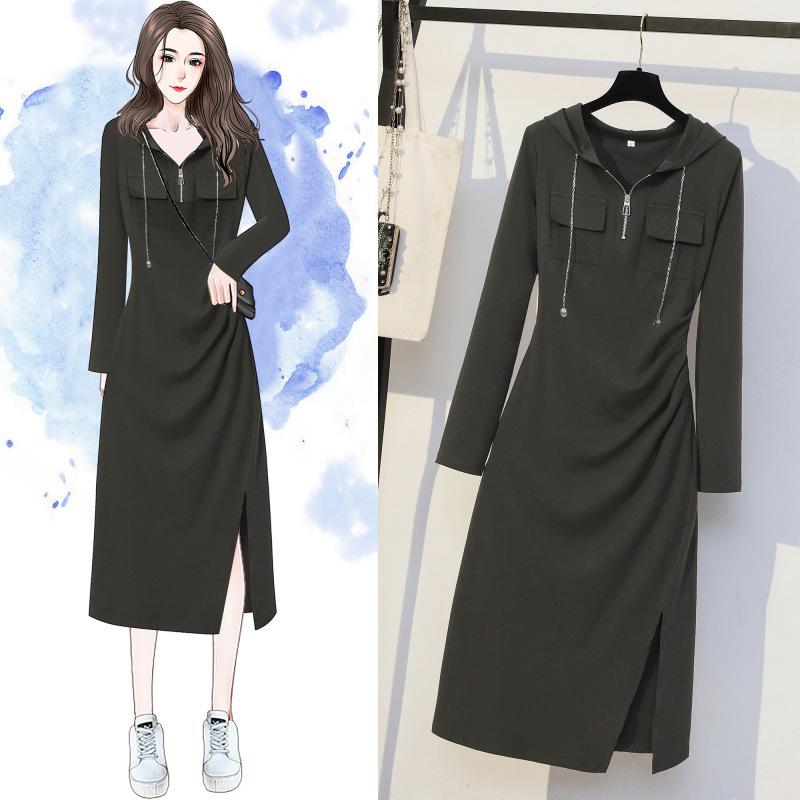 2023 Autumn Hooded Zipper Slit Dress for Women - Large Size, Slimming, Belly-Covering, Age-Reducing Style
