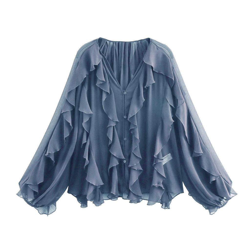 Camisa Casual con Volantes para Mujer Tops Holgados con Cordones y Aberturas en V Blusas de Primavera Ropa para Mujer
