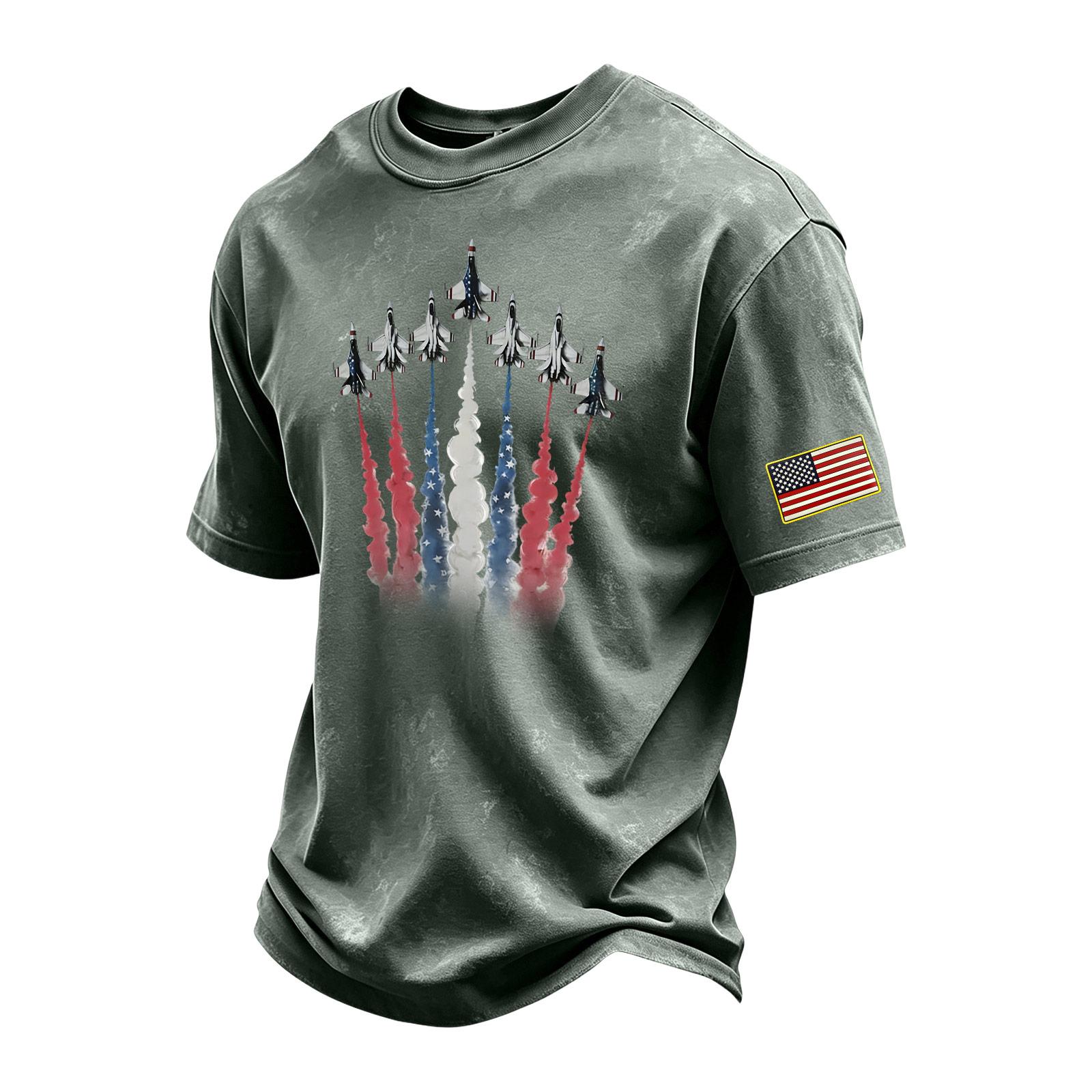 

Men s Vintage Washed Crew Neck Short Sleeve T Shirt with Airplane Print and Sleeve Patch for Casual Wear XXXXXL