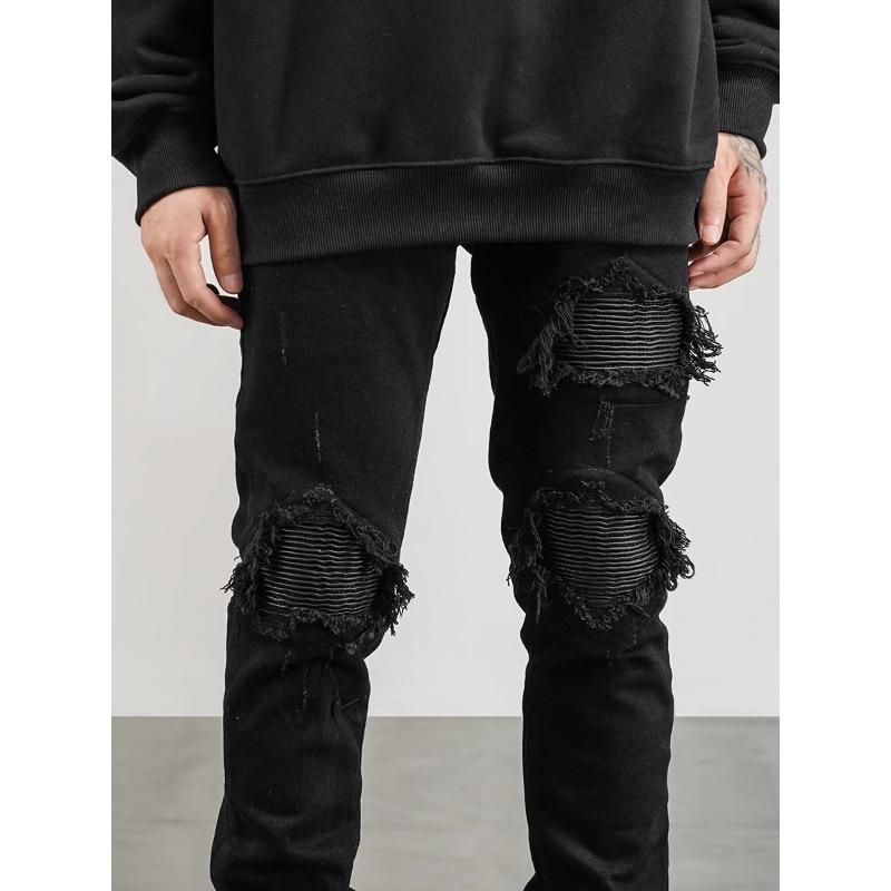 American High Street Vibe Trendy Brand Ripped Patch Jeans Men's Slim Fit Small Feet Design Sense Retro Casual Pants
