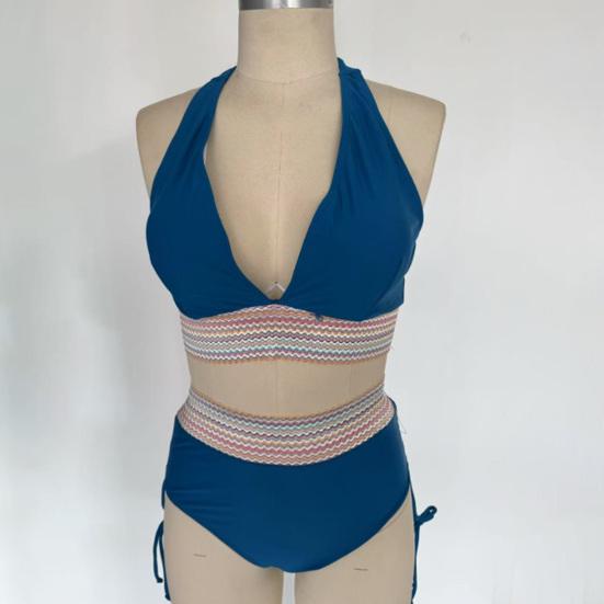 2Pcs/Set Women Bikini Set Sexy Deep V-Neck Swimming Bra High Waist Swimming Trunks Set Patchwork Color Swimsuit