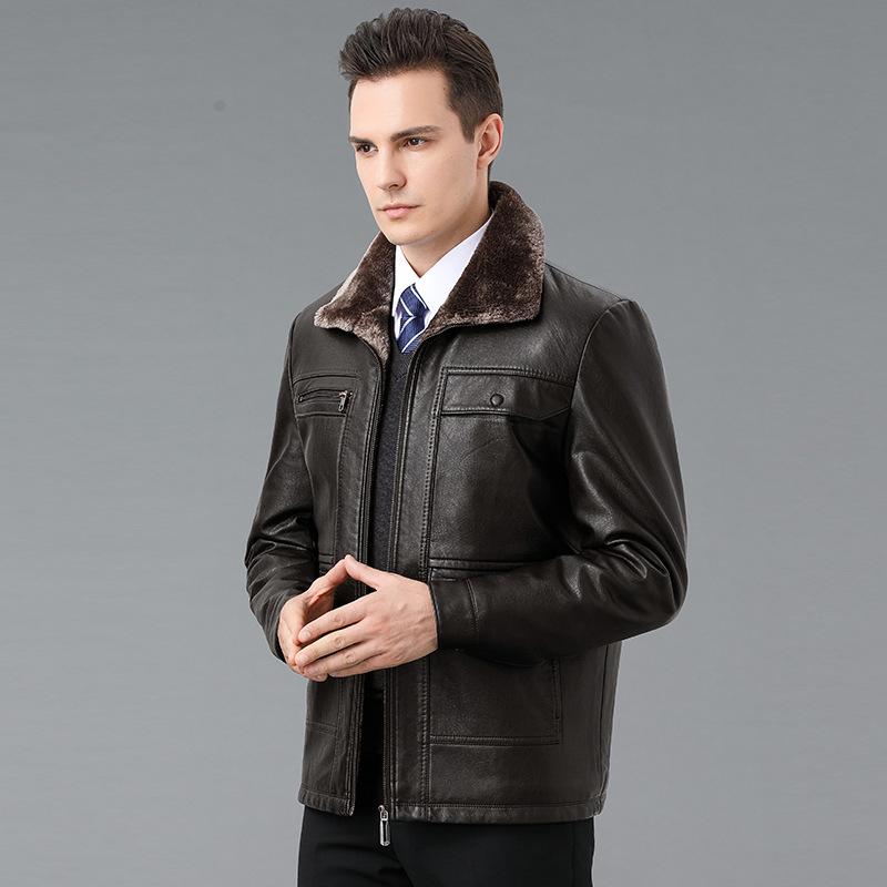 Echte Lederjacke Herren Pelz Integriert Mittleren Alters Vaters Samt Verdickt Revers Echte Lederjacke