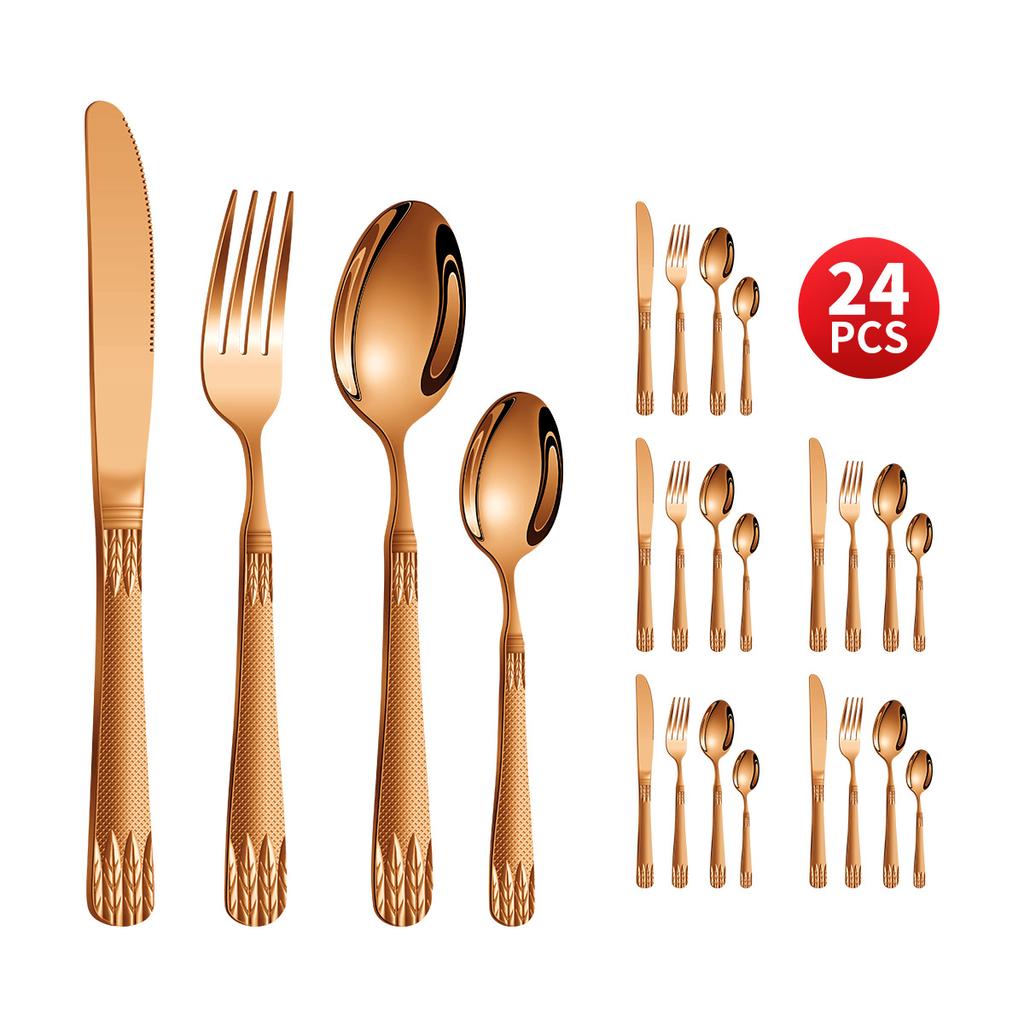 Stainless Steel Embossed Handle Western Food Hotel Tableware Knife, Fork and Spoon Dessert Spoon 24 Pieces Suit
