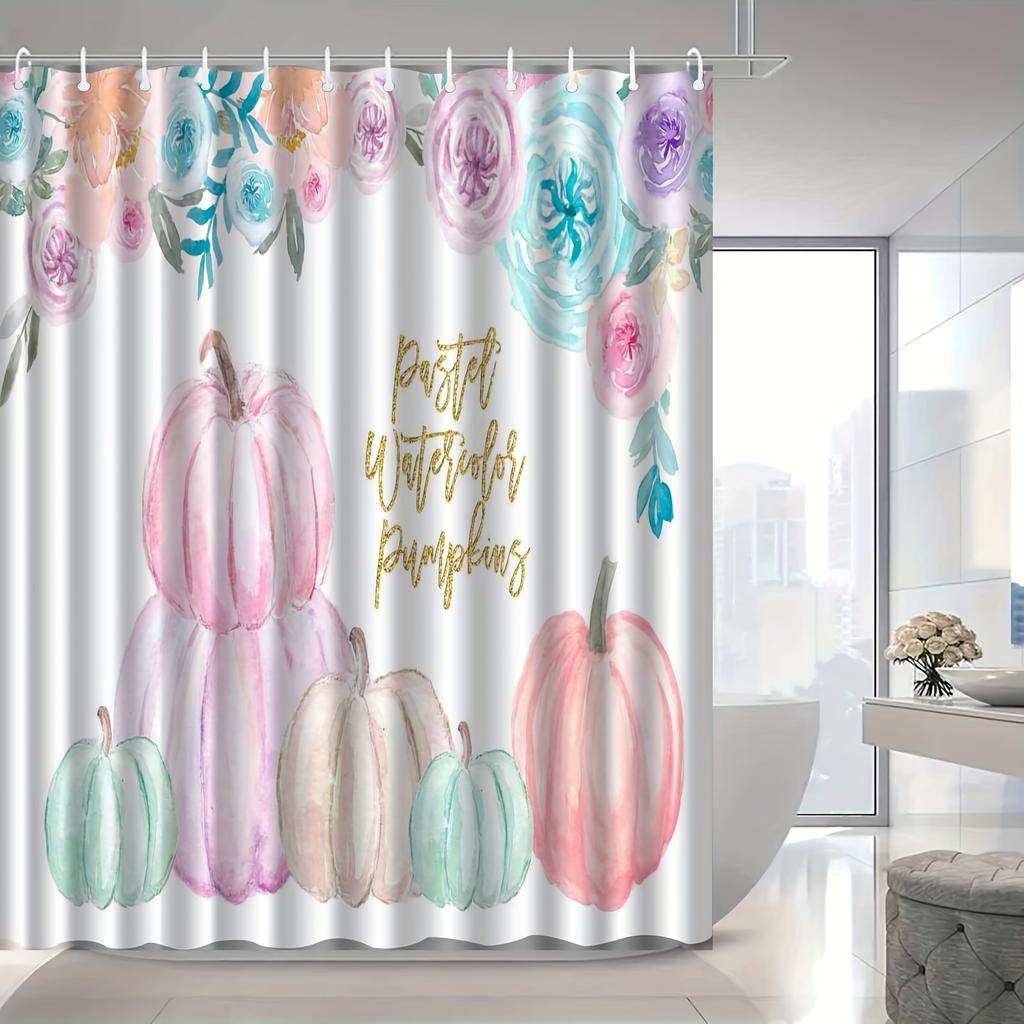Watercolor Pumpkin Shower Curtain , Machine Washable Polyester with Hooks, Vibrant Floral Pumpkin Design for All-Season Use