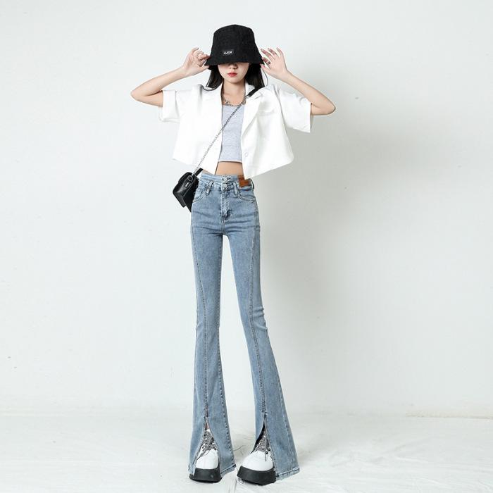 Women s High-Waisted Velvet Jeans - Autumn/Winter Slimming, Micro-Flare, Bell Bottom Styles L