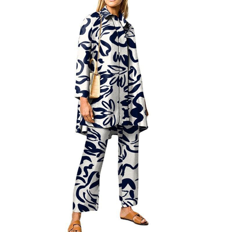 Grünes geometrisches Print Damenhemd und Wide Leg Hosen Kombinationsset