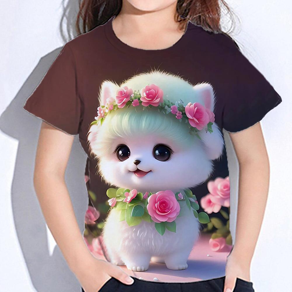 2025  Kids Clothes Blouse for Girls Kawaii Cat Girl Short Sleeve Tshirt Print Boys Clothes Polyester Girl Tee Shirt Child T-Shirt