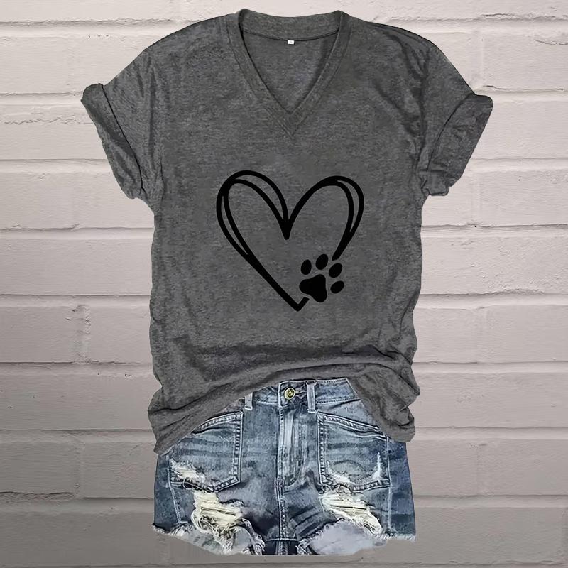 Love Cat Claw Painting Blouses Short Sleeved V-Neck T Shirts Casual