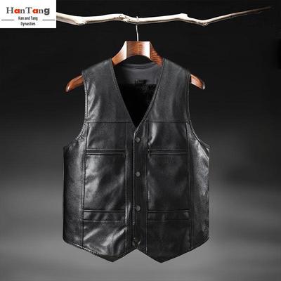 Men's Warm Plus Velvet Thickened Leather Vest for Autumn and Winter
