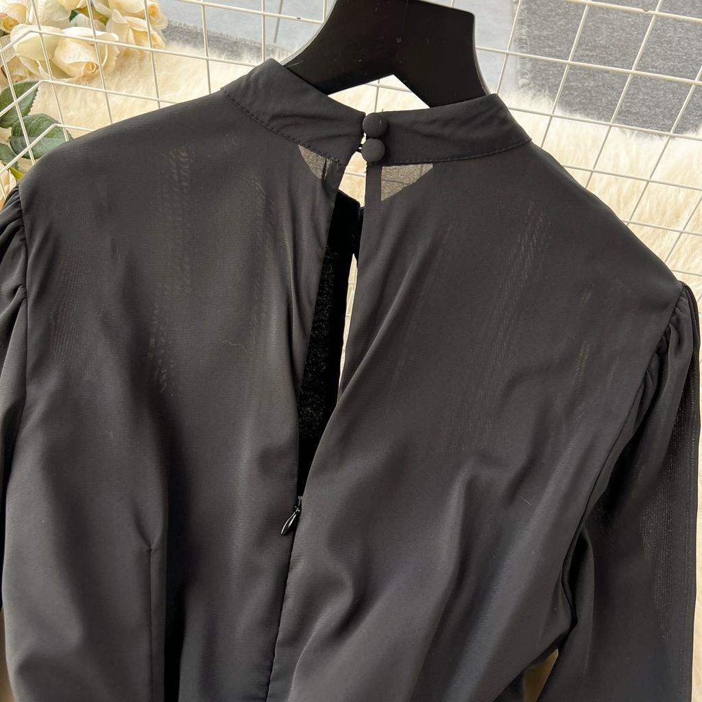 Frauen Spitze Chiffon Patchwork Urlaub Strandkleid Schwarz Lange Maxi Big Swing Plissee Kleider