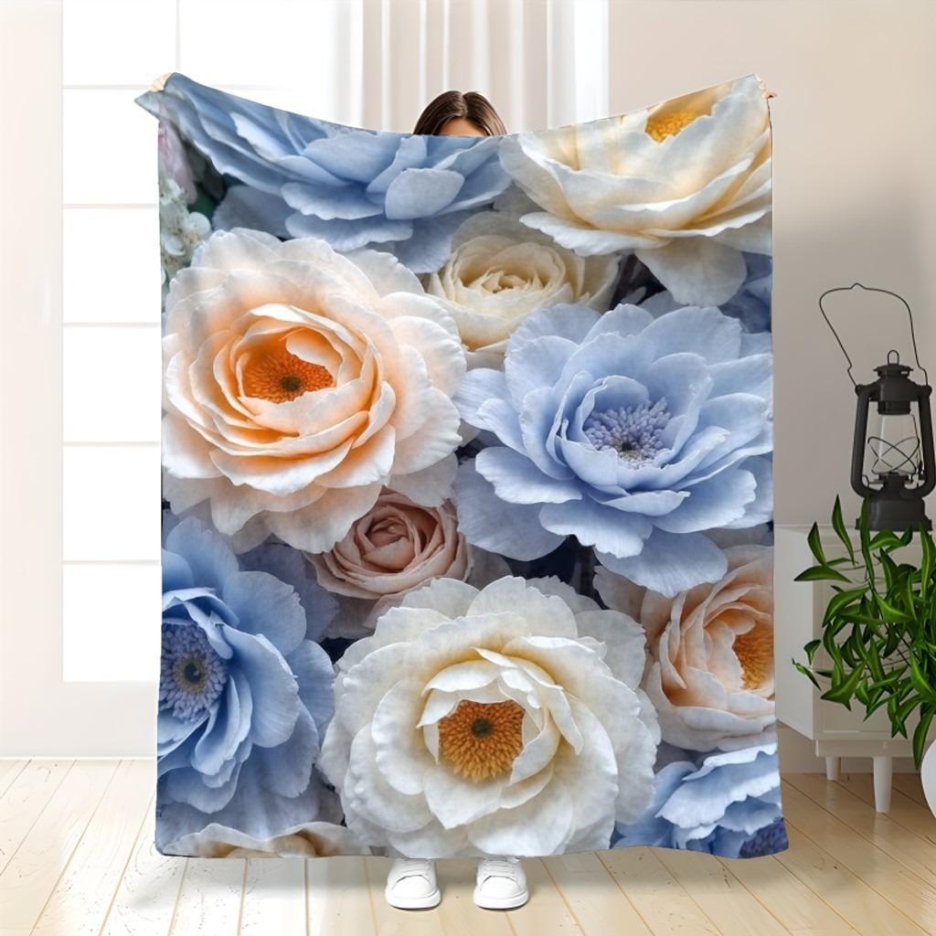 Pastel Blue & Peach Floral Soft Throw Blanket: Elegant Peony Pattern Cozy Couch Cover for Serene Home Decor