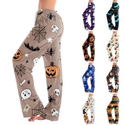 Women Elastic Waist Drawstring Pants Halloween Print Casual Lounge Pants Full Length Relaxed Fit Pajama Bottoms