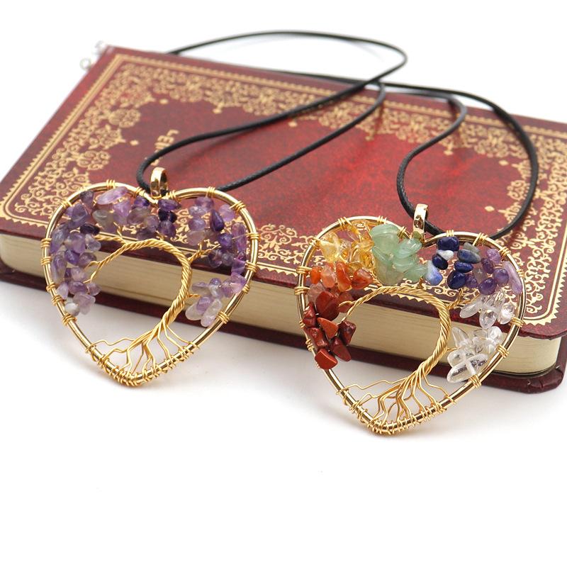 Hand Winding Gold Peach Heart Curved Tree Of Life Necklace Gravel Crystal Pendant Necklace N54