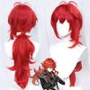 Parrucca Cosplay Diluc Capelli Rossi Lunghi Ricci Stilizzati Resistente al Calore per Uomo Donna Adulto Halloween Gioco di Ruolo + Cuffia per Parrucca