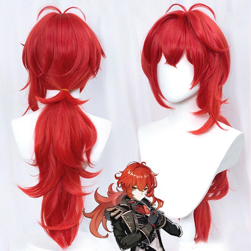 Diluc peruka Cosplay rude włosy długie kręcone stylizowane żaroodporne dla dorosłych mężczyzn kobiety Halloween do odgrywania ról + czapka z peruką