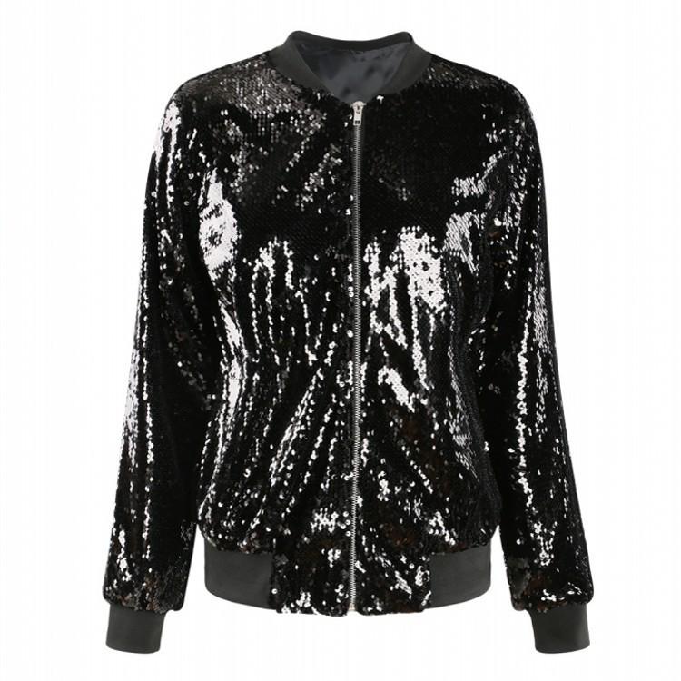 Women's Plus Size Sequin Baseball Jacket - Loose Fit, European & American Style, Autumn Fashion