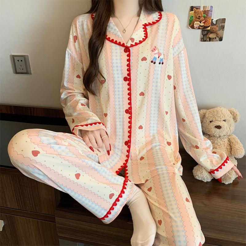 Roter gepunkteter Pyjama Damen High-End Frühling und Herbst Cartoon Muschel bestickter Rand Langarm Loungewear Set