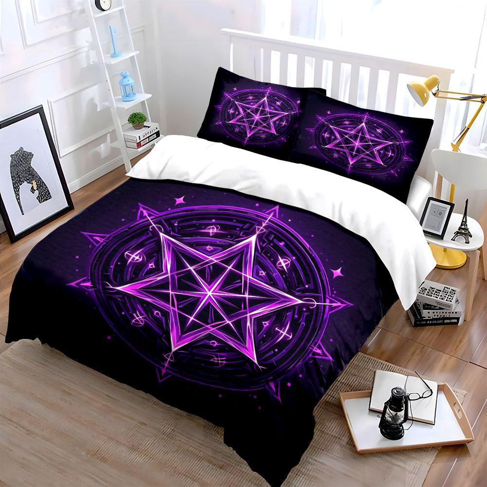 3Pcs Purple Pentagram Bedding Set, Glowing Magical Circle Print Duvet Cover + 2 Pillowcases, Mystical Witch Decor