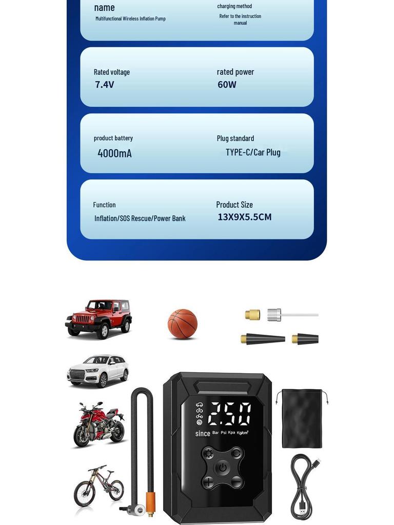 Wireless Dual-Use Mini Car and Bicycle Tire Inflator Pump