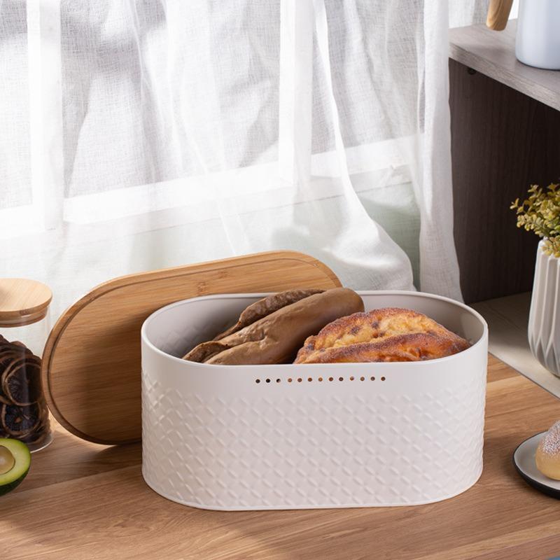 Bamboo Cover Bread Box, Kitchen Food Breathable and Fresh Storage Box, Household Pattern Oval Metal Storage Tank