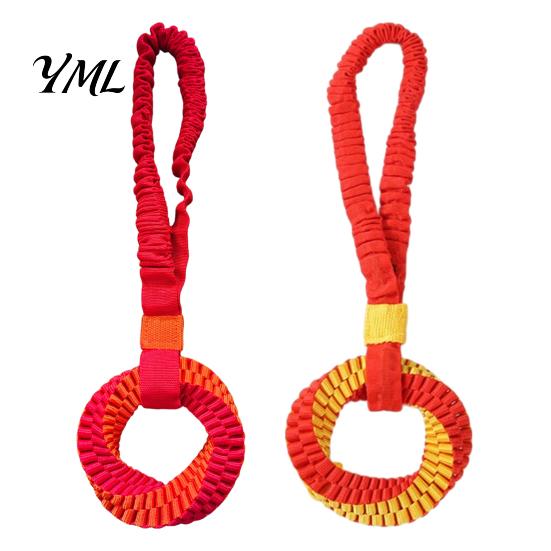 Tear Resistant Dog Toys Bungee Tug Toy, Woven Ring with Long Handle, Interactive Chew Teeth Soft Polyester Rope Cleaning Toy for Medium Large