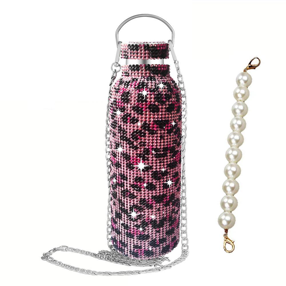 500/750/1000ml Diamond Thermos Bottle With 2pcs Chain Portable Rhinestone Water Bottle Double Wall Stainless Steel Thermal Flask