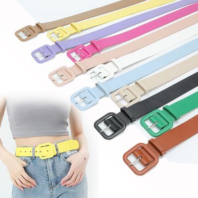 Design Casual Candy Color Trouser Dress Belts Thin Waist Strap Square Buckle Waistband Leather Belt