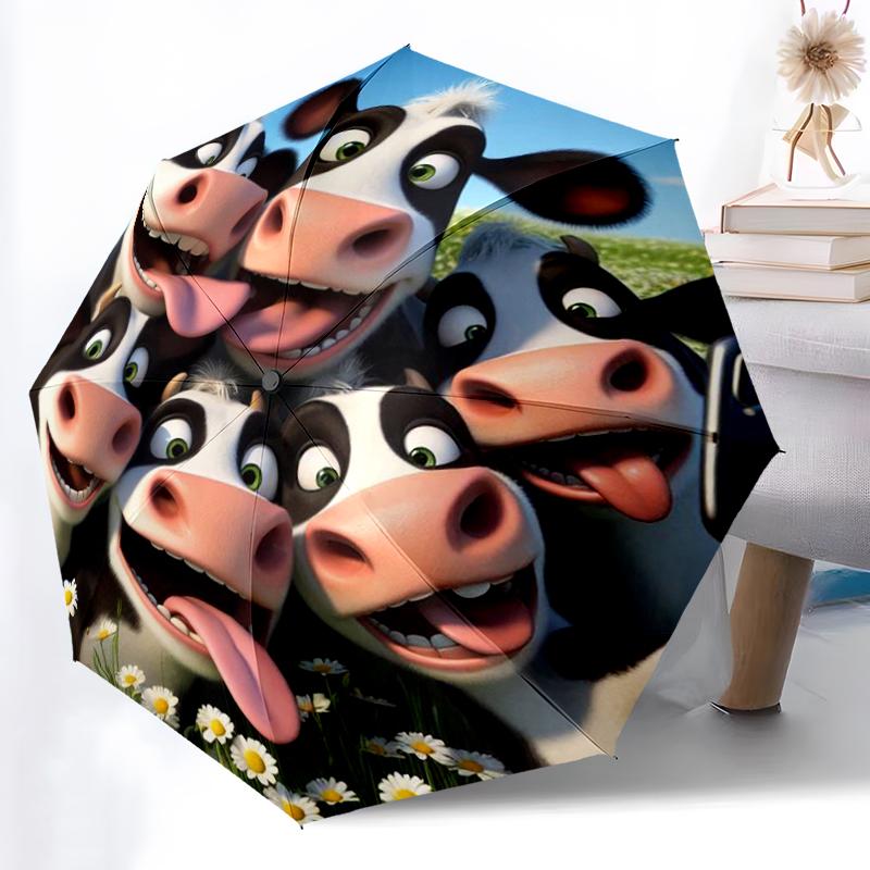 1pc Sturdy 8-Bone Auto Umbrella, Dairy Cow Umbrella, Digital Printed, Foldable Umbrella for On-the-Go Outdoor Use