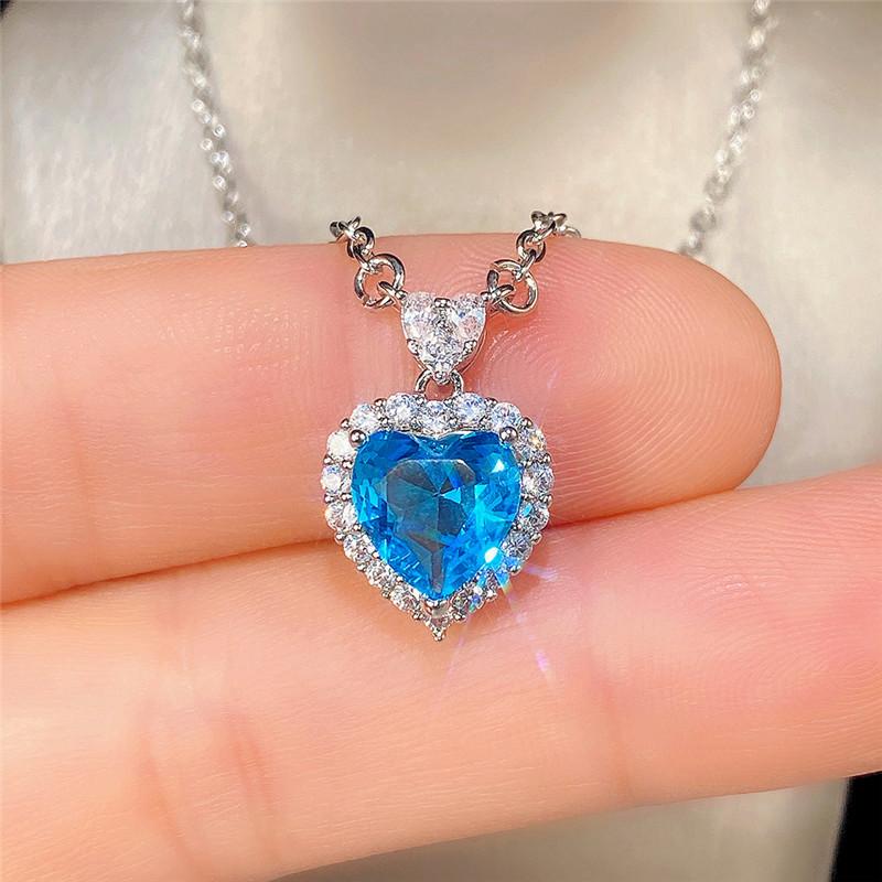 Huitan Luxury Blue/Garnet Heart CZ Women's Necklace for Engagement Wedding Bright Color Delicate Lady’s Jewelry Party Love Gift