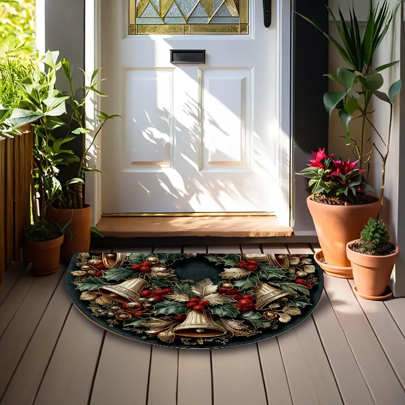 1Pcs Berry Christmas Bells Semi Circle Welcome Doormat Non-Slip for Outdoor Patio Porch Kitchen Bathroom Entryway Floor Mat