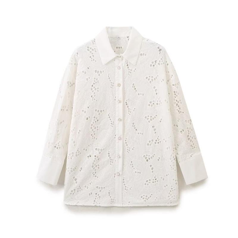 

Летняя европейская и американская уличная мода: Женская свободная рубашка с полым вышитым узором и длинными рукавами Large белый