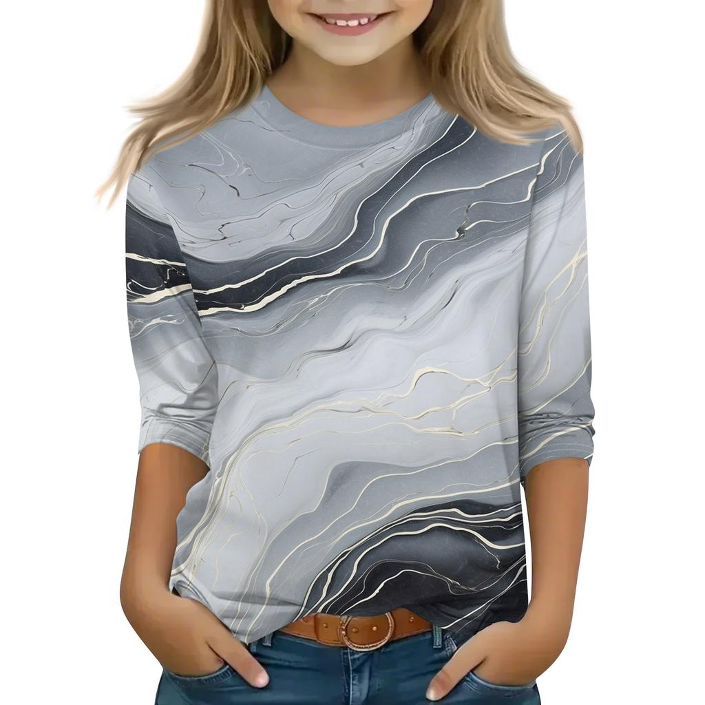 Print Tops For Youth Girls 5-16 Years Round Neck 3/4 Sleeves T-Shirts Trendy Tops Outfit Tees