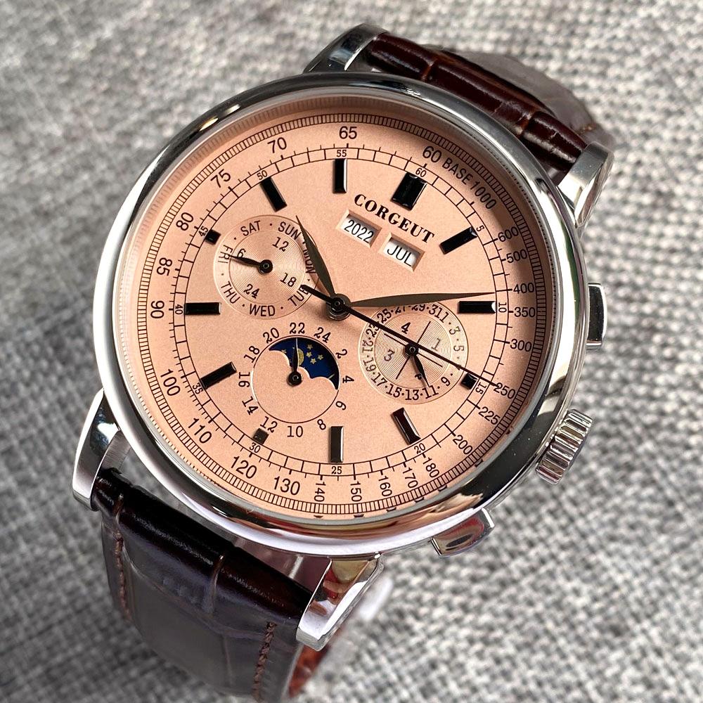 CORGEUT Montre Automatique 42MM ST1655 Bracelet Cuir 316L Boîtier Poli Montre Homme Affichage Jour Nuit