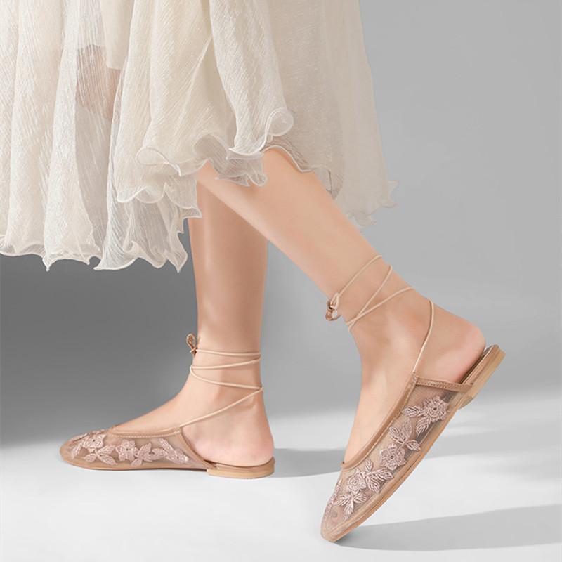 Fashion Fashion Air Mesh Flowers Embroidery Women Ballet Flats Comfortable Soft Soles Lace Up Slingbacks Summer Loafers Casual Shoes