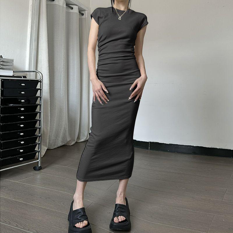 

Ruched Shemoda Dress Silm round Neck Short Sleeve Gray S