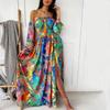 Suer evening dress printed dress one-word shoulder pullover retro long-sleeved big swing split dress