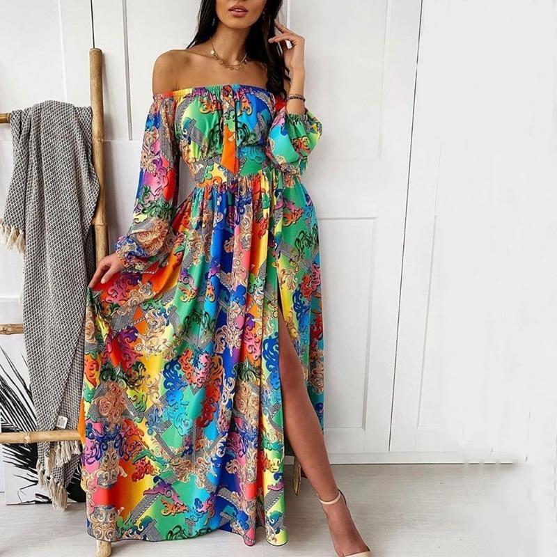Suer evening dress printed dress one-word shoulder pullover retro long-sleeved big swing split dress