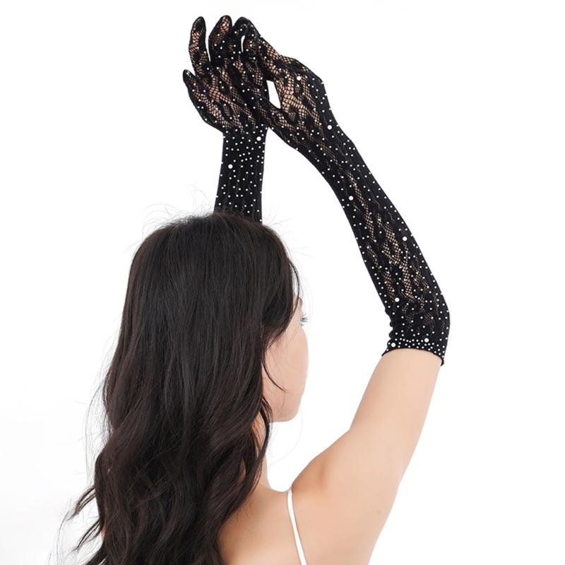 Luxury Rhinestones Lace Gloves For Women Evening Parties And Special Event Breathable Nylon Handwear for Banquets