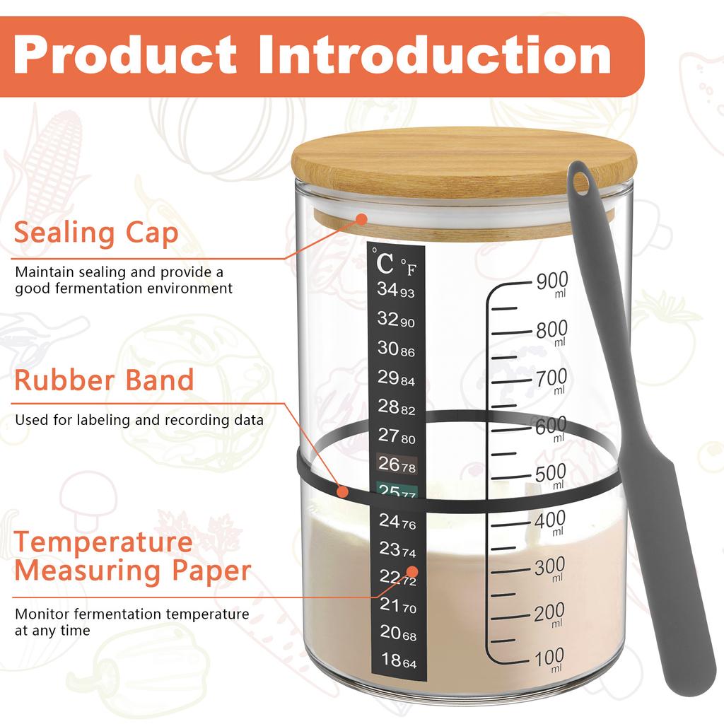 900ML Dough Starter Jar Kit Sourdough Fermentation Container Clear Glass Sourdough Starter Cups with Lids and Scraper for Baking