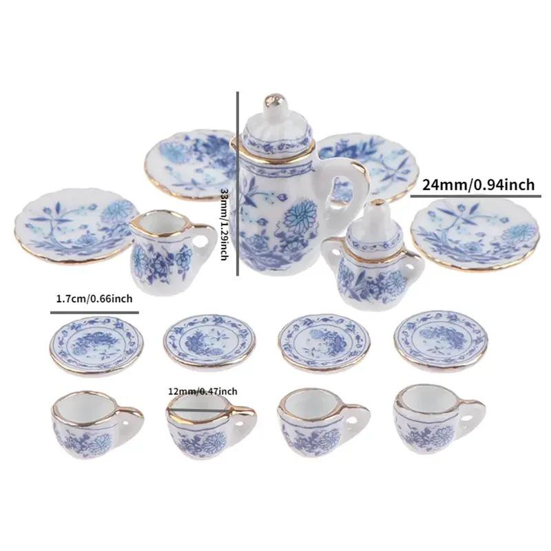 15Pcs/Set Vintage Miniature White Porcelain Tea Set Pot Cup Plate Tableware Dollhouse House Model Room Items Furniture Decor
