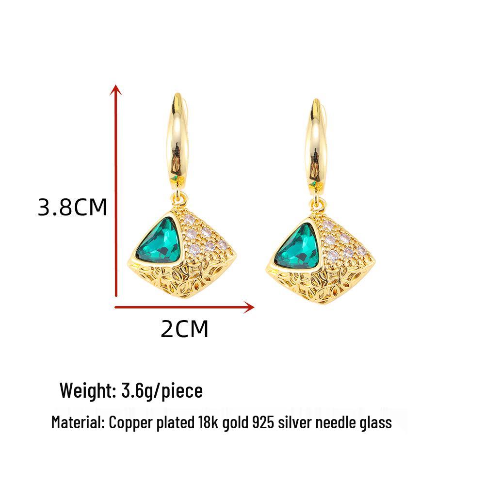 High-End Gold Earrings with Inlaid Emerald Rhombus Gemstones - Women's European & American Retro Style