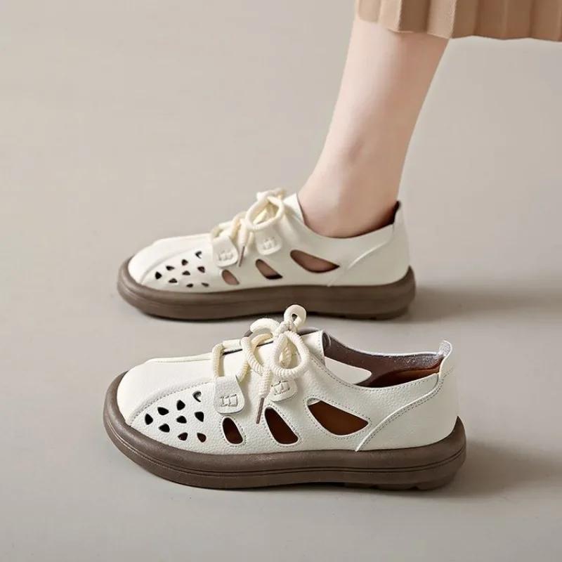 Pu Leather Hollow Roman Sandals Women 2024 Summer Breathable Retro Shoes Women Thick Sole Sports Casual Sandalias De Mujer