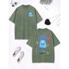Cute Blue Plush Little Monster Cotton Washed T-Shirt Women Oversize Tops O-Neck Comfortable Distressed T Shirts Clothes